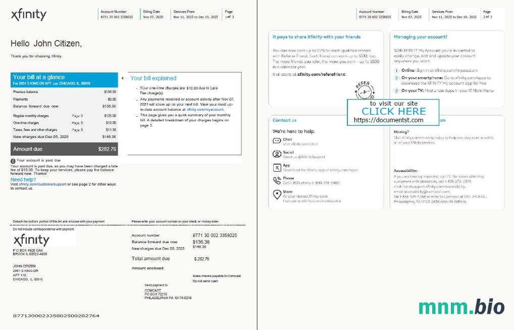 Szablon rachunku za media USA Xfinity w formatach Word i PDF, 3 strony, Wersja 2, 1-2 strony